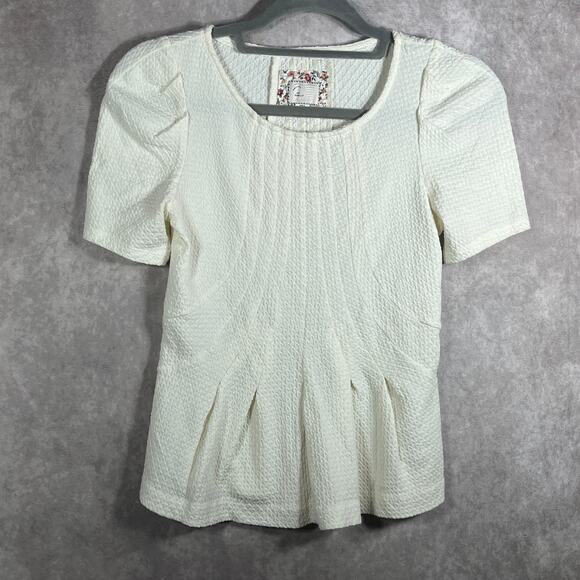 Anthropologie Postmark Blouse XXS Cream Textured Short Sleeve‎ Puff Shoulder - Picture 1 of 9